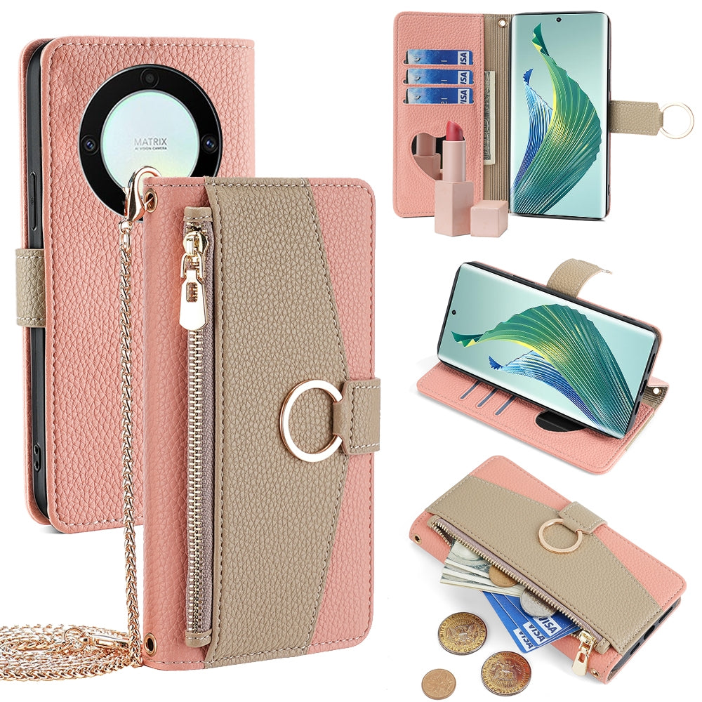 Honor X9a 5G Crossbody Phone Case with Litchi Texture Leather, Adjustable Kickstand, Card Slots, Zipper Purse, Makeup Mirror, and TPU Protection