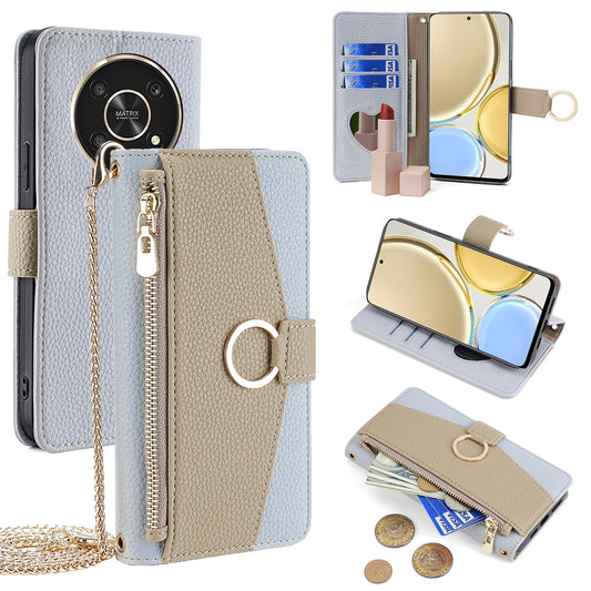 Honor X30 Crossbody Phone Case with Litchi Texture Leather, Adjustable Kickstand, Card Slots, Zipper Purse, Makeup Mirror, and TPU Protection