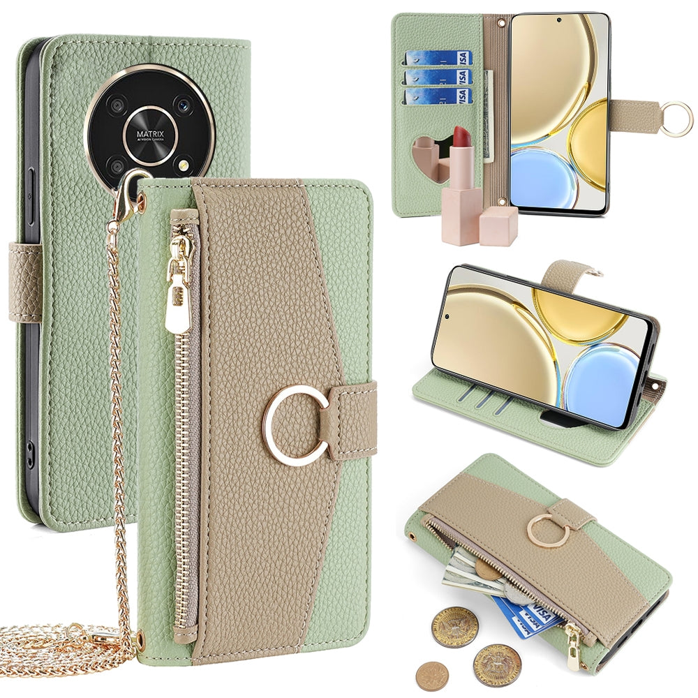 Honor X30 Crossbody Phone Case with Litchi Texture Leather, Adjustable Kickstand, Card Slots, Zipper Purse, Makeup Mirror, and TPU Protection