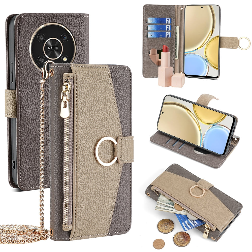 Honor X30 Crossbody Phone Case with Litchi Texture Leather, Adjustable Kickstand, Card Slots, Zipper Purse, Makeup Mirror, and TPU Protection