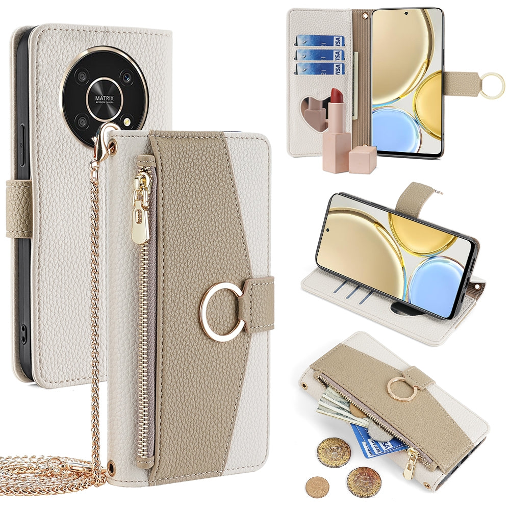 Honor X30 Crossbody Phone Case with Litchi Texture Leather, Adjustable Kickstand, Card Slots, Zipper Purse, Makeup Mirror, and TPU Protection