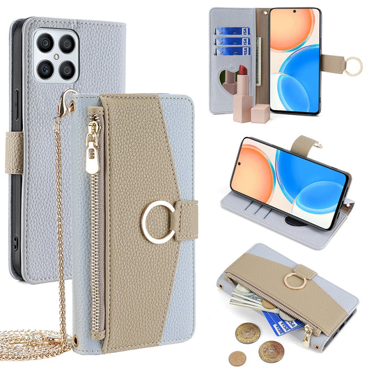 Honor X8 Crossbody Phone Case with Litchi Texture Leather, Adjustable Kickstand, Card Slots, Zipper Purse, Makeup Mirror, and TPU Protection