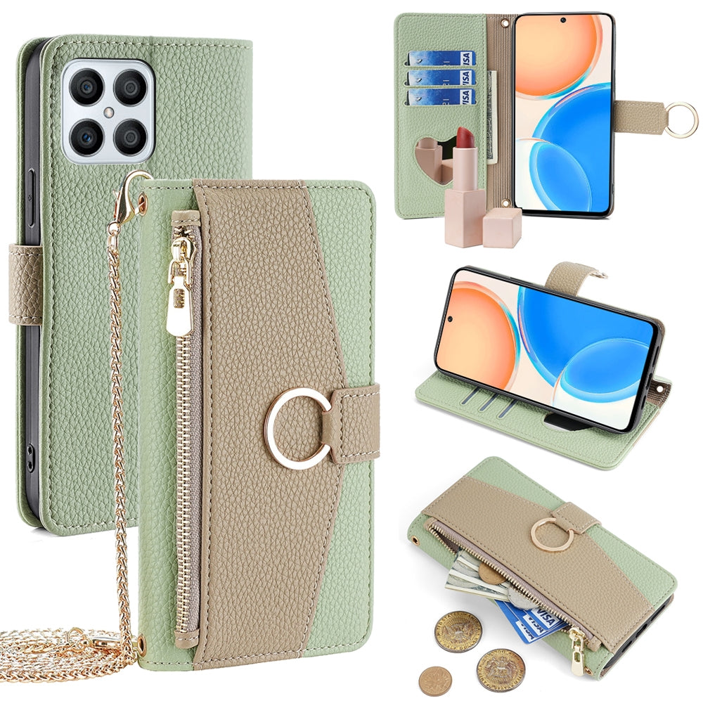 Honor X30i Crossbody Phone Case with Litchi Texture Leather, Adjustable Kickstand, Card Slots, Zipper Purse, Makeup Mirror, and TPU Protection
