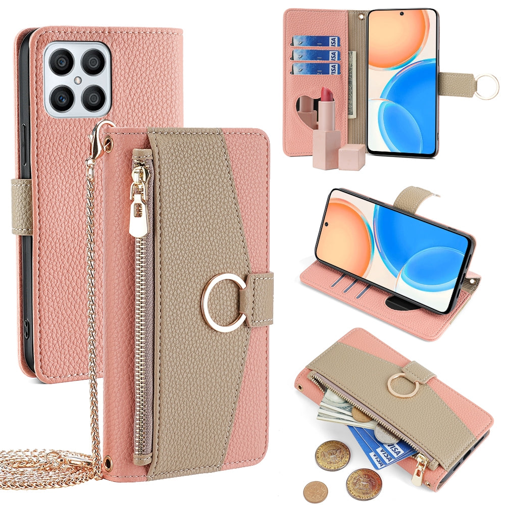 Honor X8 Crossbody Phone Case with Litchi Texture Leather, Adjustable Kickstand, Card Slots, Zipper Purse, Makeup Mirror, and TPU Protection