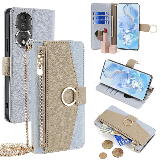 Honor 80 Crossbody Phone Case with Litchi Texture Leather, Adjustable Kickstand, Card Slots, Zipper Purse, Makeup Mirror, and TPU Protection