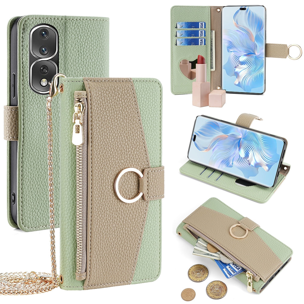 Honor 80 Pro Crossbody Phone Case with Litchi Texture Leather, Adjustable Kickstand, Card Slots, Zipper Purse, Makeup Mirror, and TPU Protection