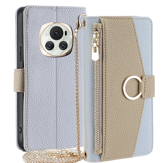 Honor Magic6 5G Crossbody Phone Case with Litchi Texture Leather, Adjustable Kickstand, Card Slots, Zipper Purse, Makeup Mirror, and TPU Protection