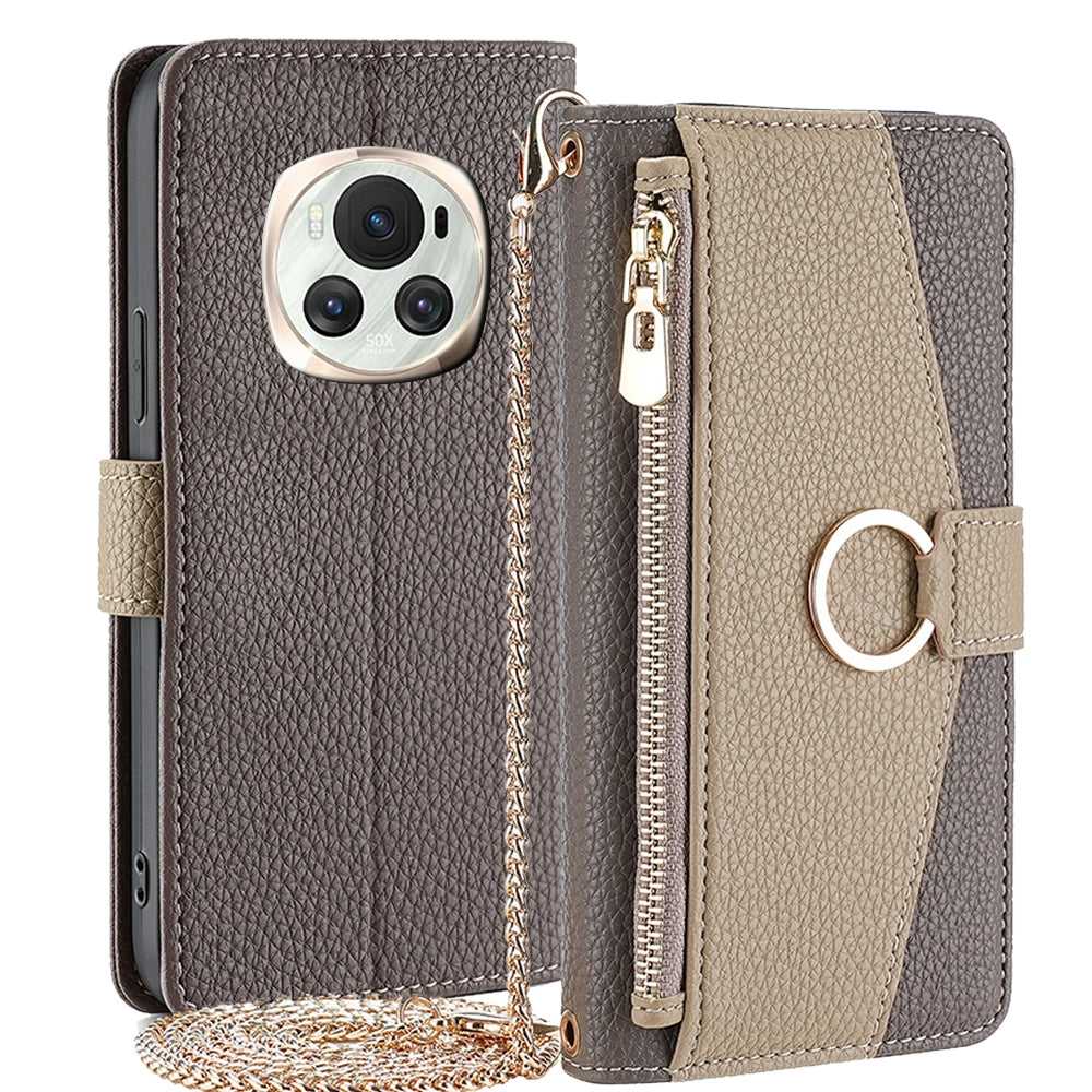 Honor Magic6 5G Crossbody Phone Case with Litchi Texture Leather, Adjustable Kickstand, Card Slots, Zipper Purse, Makeup Mirror, and TPU Protection