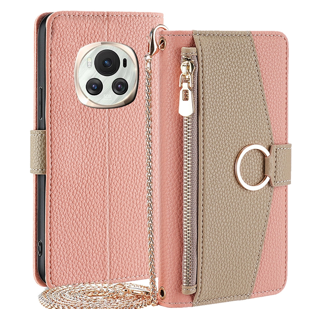 Honor Magic6 5G Crossbody Phone Case with Litchi Texture Leather, Adjustable Kickstand, Card Slots, Zipper Purse, Makeup Mirror, and TPU Protection