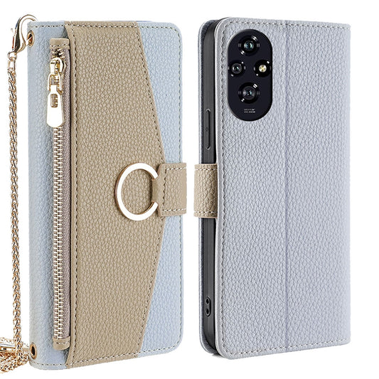 Honor 200 5G Crossbody Phone Case with Litchi Texture Leather, Adjustable Kickstand, Card Slots, Zipper Purse, Makeup Mirror, and TPU Protection