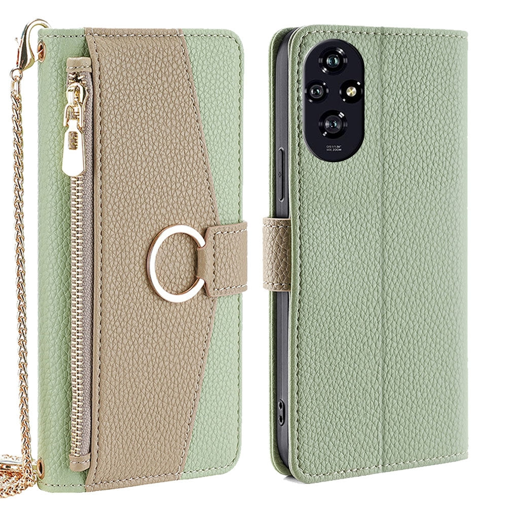 Honor 200 5G Crossbody Phone Case with Litchi Texture Leather, Adjustable Kickstand, Card Slots, Zipper Purse, Makeup Mirror, and TPU Protection