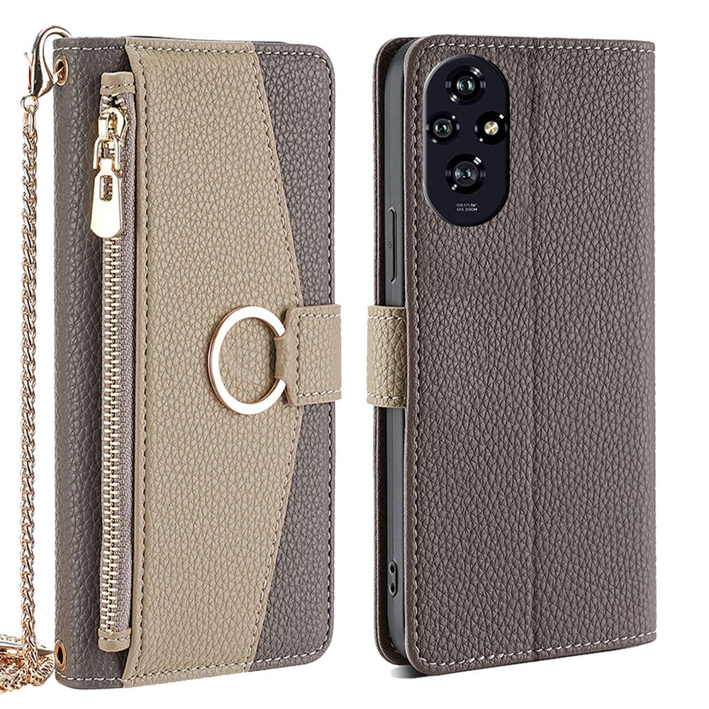 Honor 200 5G Crossbody Phone Case with Litchi Texture Leather, Adjustable Kickstand, Card Slots, Zipper Purse, Makeup Mirror, and TPU Protection