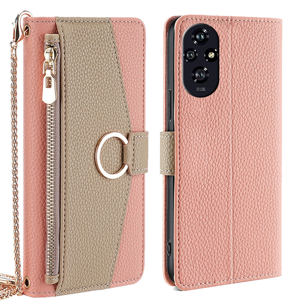 Honor 200 5G Crossbody Phone Case with Litchi Texture Leather, Adjustable Kickstand, Card Slots, Zipper Purse, Makeup Mirror, and TPU Protection