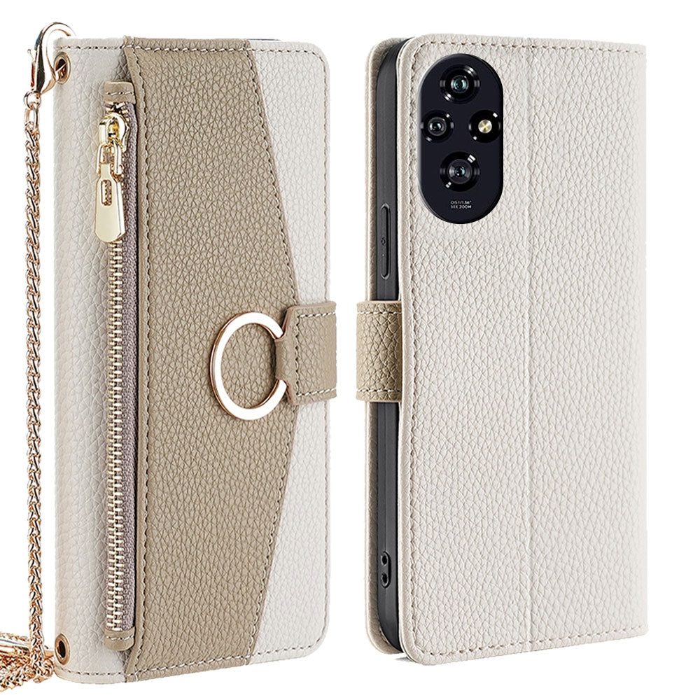 Honor 200 5G Crossbody Phone Case with Litchi Texture Leather, Adjustable Kickstand, Card Slots, Zipper Purse, Makeup Mirror, and TPU Protection