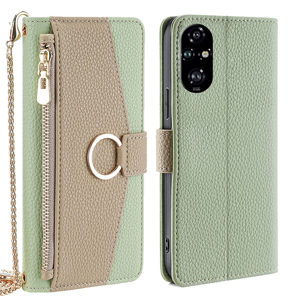 Honor 200 Pro 5G Crossbody Phone Case with Litchi Texture Leather, Adjustable Kickstand, Card Slots, Zipper Purse, Makeup Mirror, and TPU Protection