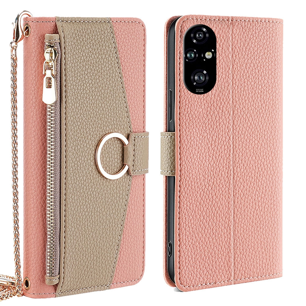 Honor 200 Pro 5G Crossbody Phone Case with Litchi Texture Leather, Adjustable Kickstand, Card Slots, Zipper Purse, Makeup Mirror, and TPU Protection