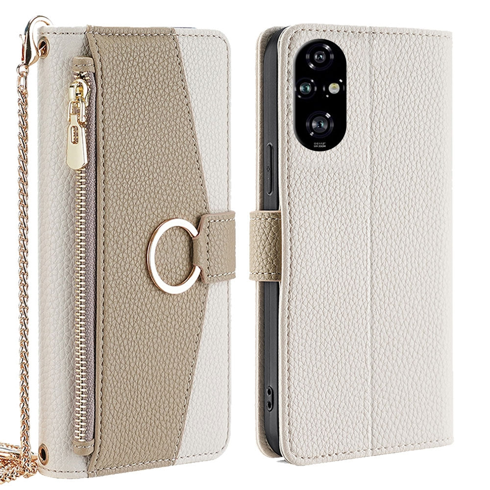 Honor 200 Pro 5G Crossbody Phone Case with Litchi Texture Leather, Adjustable Kickstand, Card Slots, Zipper Purse, Makeup Mirror, and TPU Protection