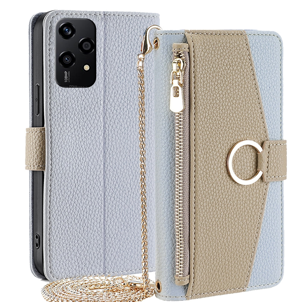 Honor 200 Lite 5G Global Crossbody Phone Case with Litchi Texture Leather, Adjustable Kickstand, Card Slots, Zipper Purse, Makeup Mirror, and TPU Protection