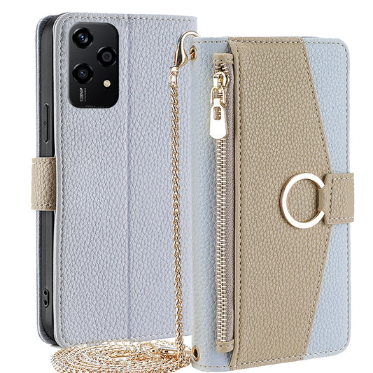 Honor 200 Lite 5G Global Crossbody Phone Case with Litchi Texture Leather, Adjustable Kickstand, Card Slots, Zipper Purse, Makeup Mirror, and TPU Protection