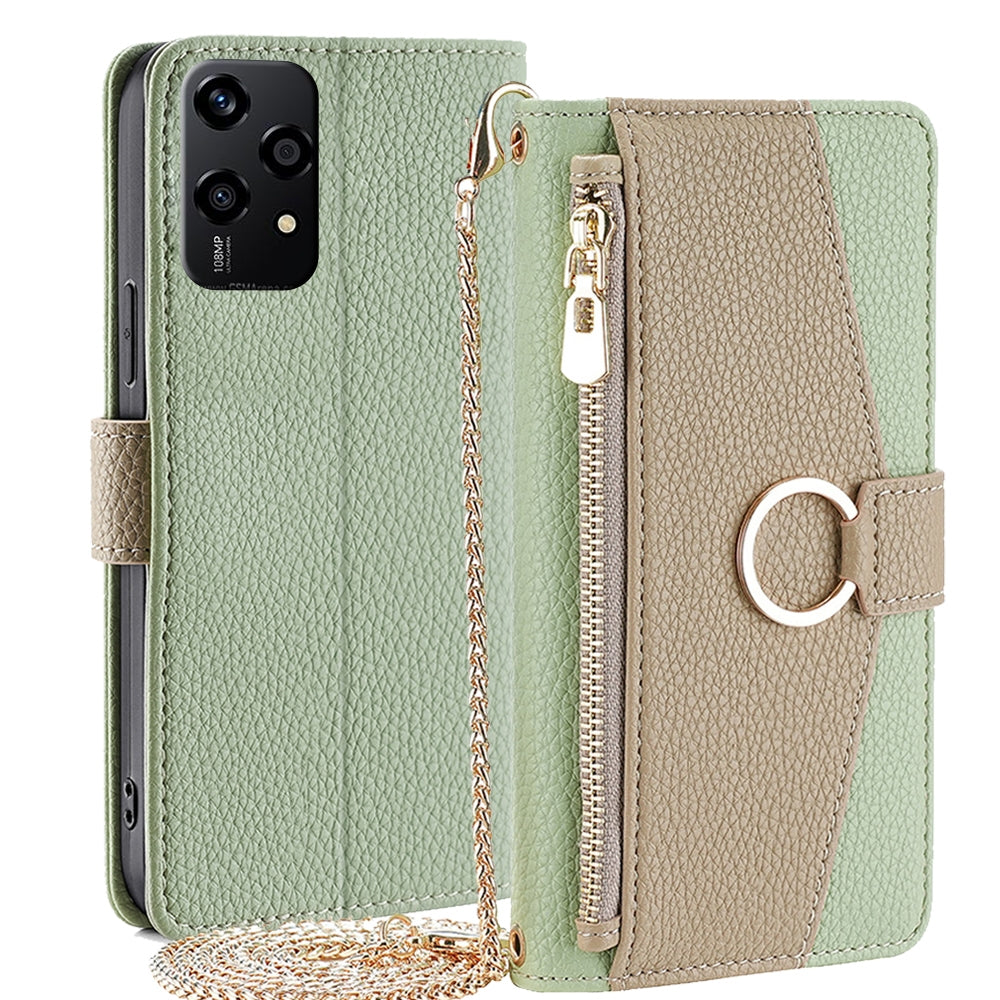 Honor 200 Lite 5G Global Crossbody Phone Case with Litchi Texture Leather, Adjustable Kickstand, Card Slots, Zipper Purse, Makeup Mirror, and TPU Protection