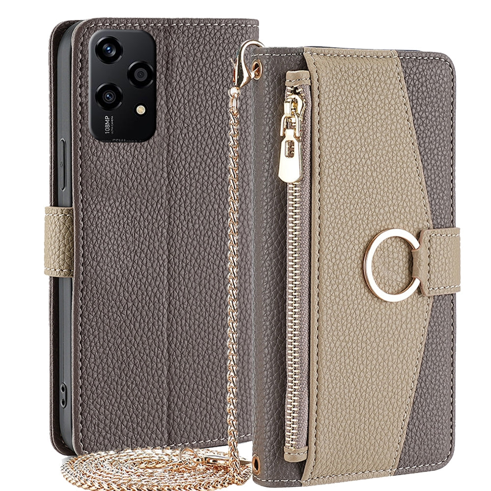 Honor 200 Lite 5G Global Crossbody Phone Case with Litchi Texture Leather, Adjustable Kickstand, Card Slots, Zipper Purse, Makeup Mirror, and TPU Protection