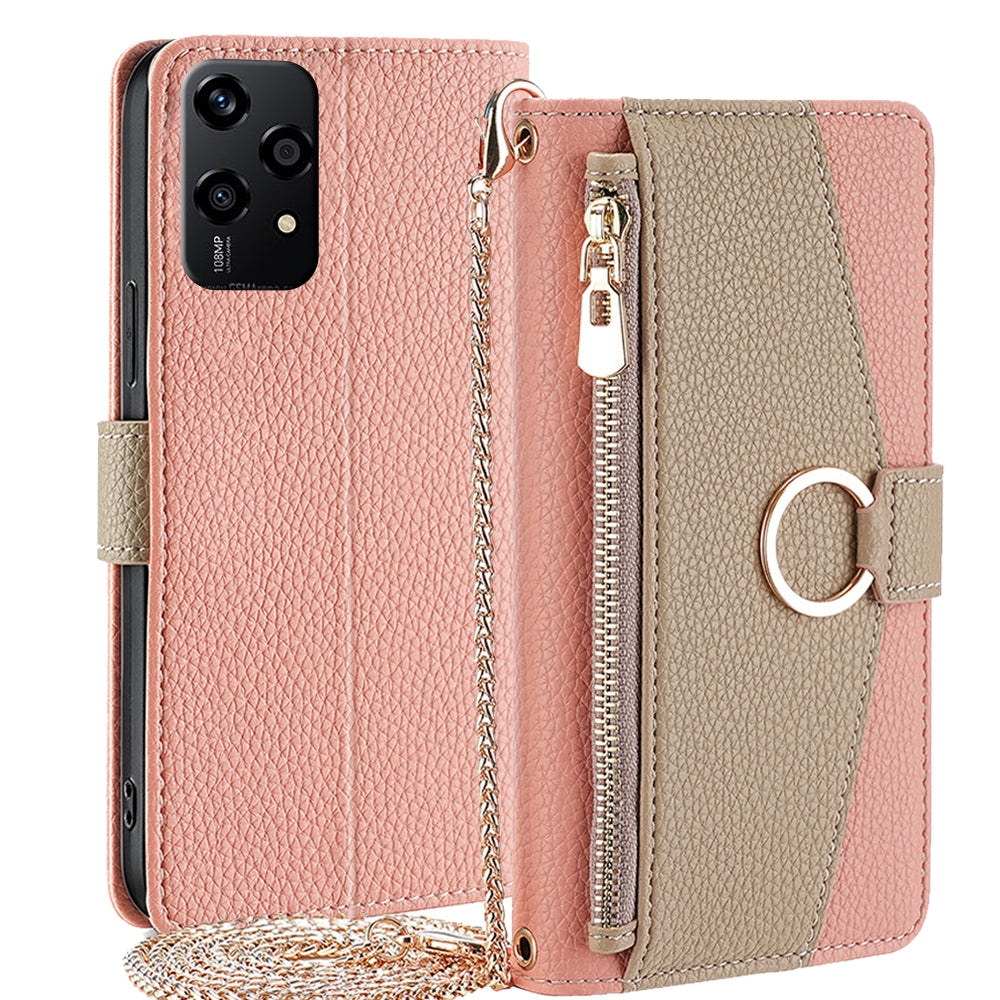 Honor 200 Lite 5G Global Crossbody Phone Case with Litchi Texture Leather, Adjustable Kickstand, Card Slots, Zipper Purse, Makeup Mirror, and TPU Protection