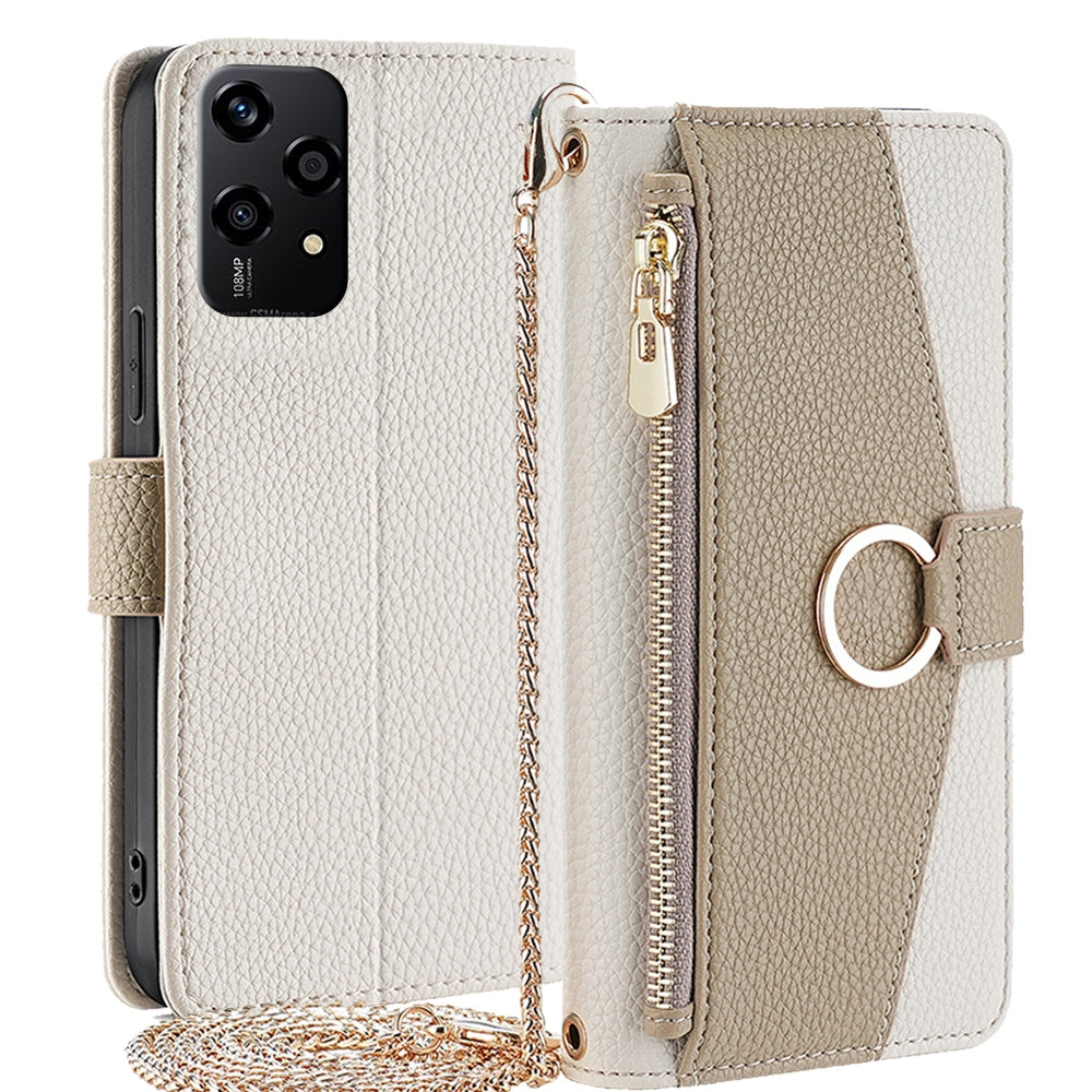 Honor 200 Lite 5G Global Crossbody Phone Case with Litchi Texture Leather, Adjustable Kickstand, Card Slots, Zipper Purse, Makeup Mirror, and TPU Protection