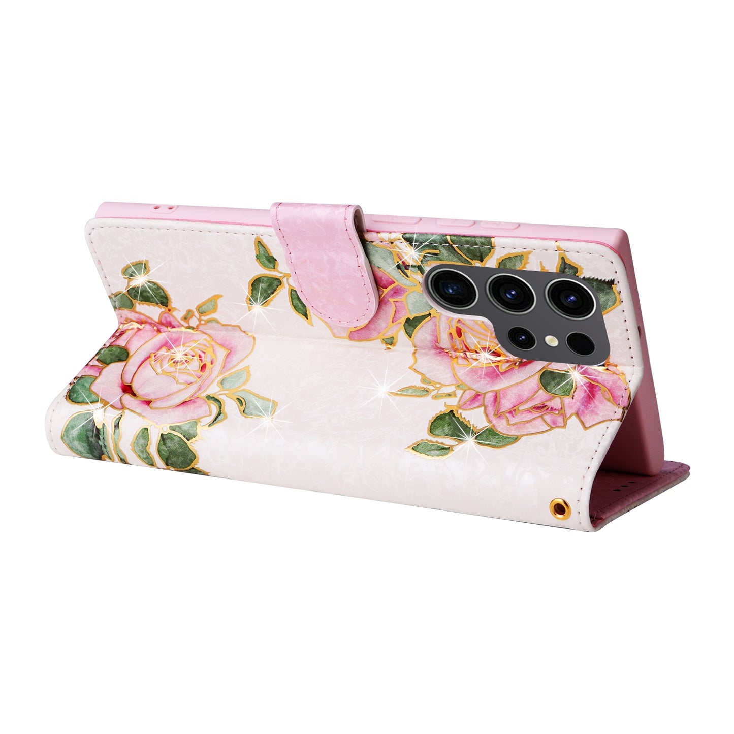 Samsung Galaxy S24 Ultra 5G Luxury Bronzing Leather Case - Floral RFID Wallet Cover with Stand & Card Slots