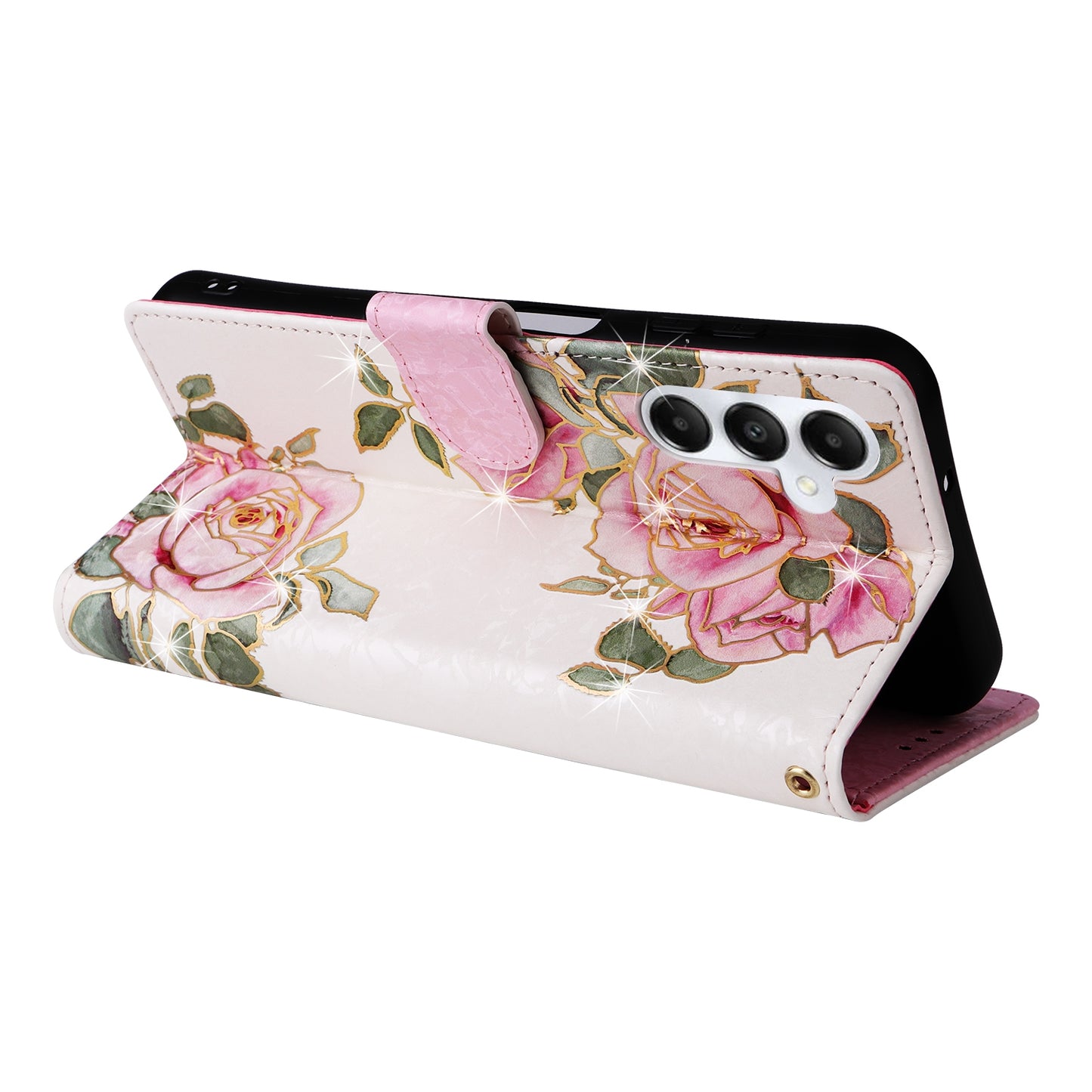 Samsung Galaxy A05s Luxury Bronzing Leather Case - Floral RFID Wallet Cover with Stand & Card Slots