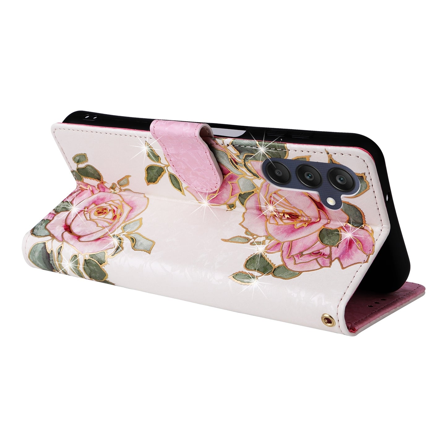 Samsung Galaxy A25 Luxury Bronzing Leather Case - Floral RFID Wallet Cover with Stand & Card Slots