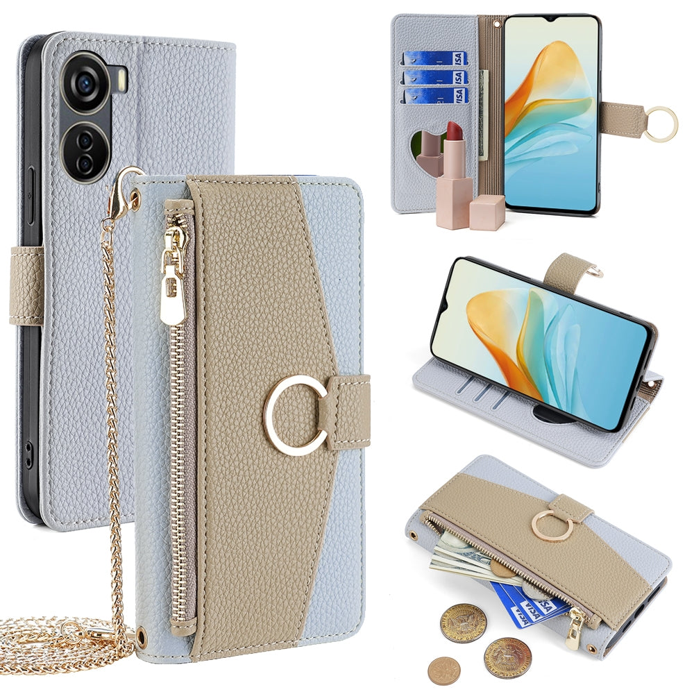 For ZTE Axon 40 Lite 4G Crossbody Phone Case with Litchi Texture Leather, Adjustable Kickstand, Card Slots, Zipper Purse, Makeup Mirror, and TPU Protection