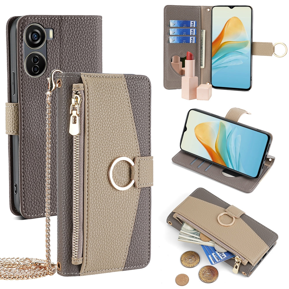 For ZTE Axon 40 Lite 4G Crossbody Phone Case with Litchi Texture Leather, Adjustable Kickstand, Card Slots, Zipper Purse, Makeup Mirror, and TPU Protection