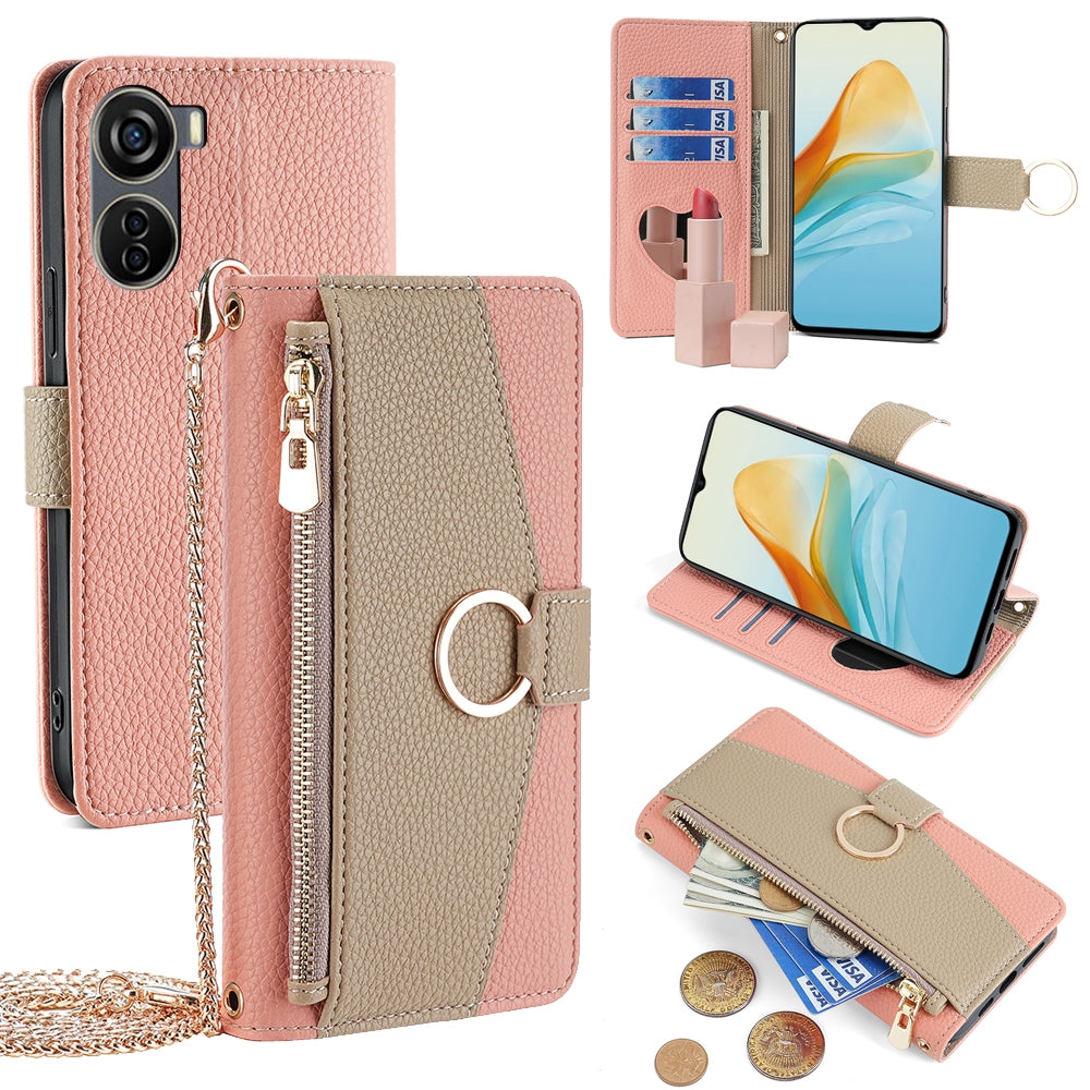 For ZTE Axon 40 Lite 4G Crossbody Phone Case with Litchi Texture Leather, Adjustable Kickstand, Card Slots, Zipper Purse, Makeup Mirror, and TPU Protection