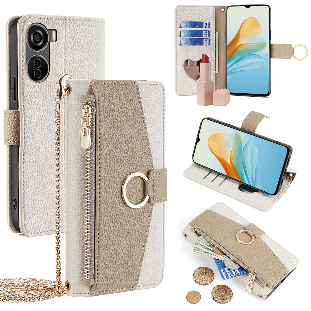 For ZTE Axon 40 Lite 4G Crossbody Phone Case with Litchi Texture Leather, Adjustable Kickstand, Card Slots, Zipper Purse, Makeup Mirror, and TPU Protection
