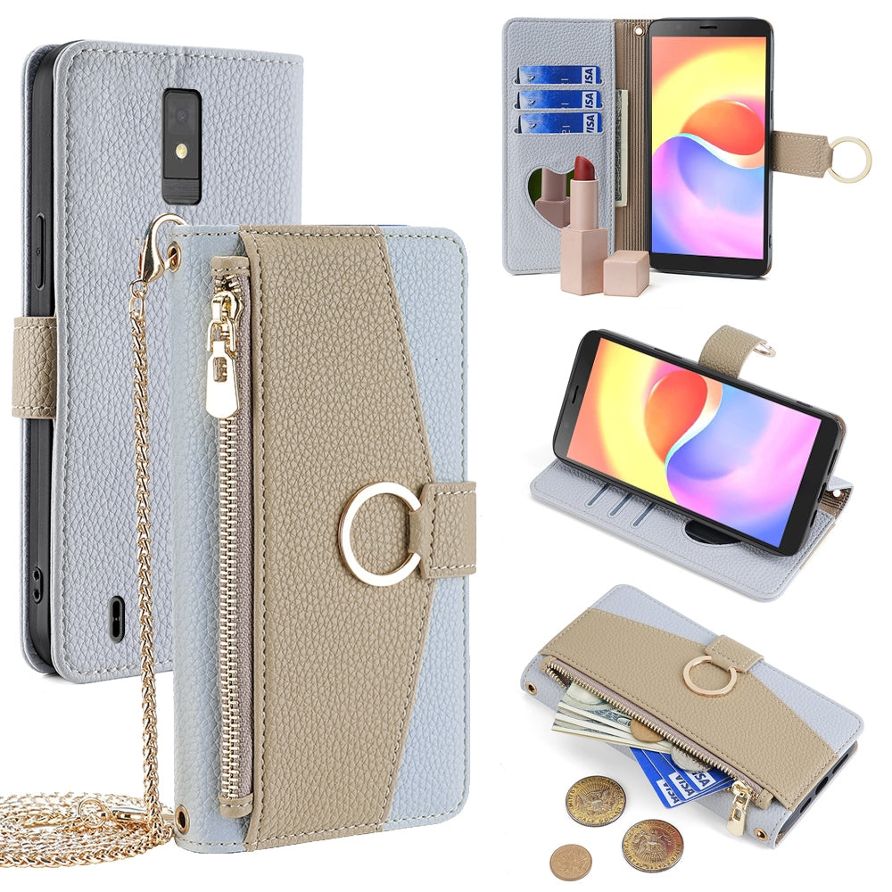 For ZTE Blade A32 Crossbody Phone Case with Litchi Texture Leather, Adjustable Kickstand, Card Slots, Zipper Purse, Makeup Mirror, and TPU Protection