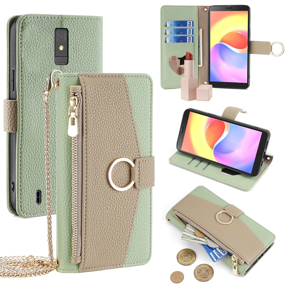 For ZTE Blade A32 Crossbody Phone Case with Litchi Texture Leather, Adjustable Kickstand, Card Slots, Zipper Purse, Makeup Mirror, and TPU Protection