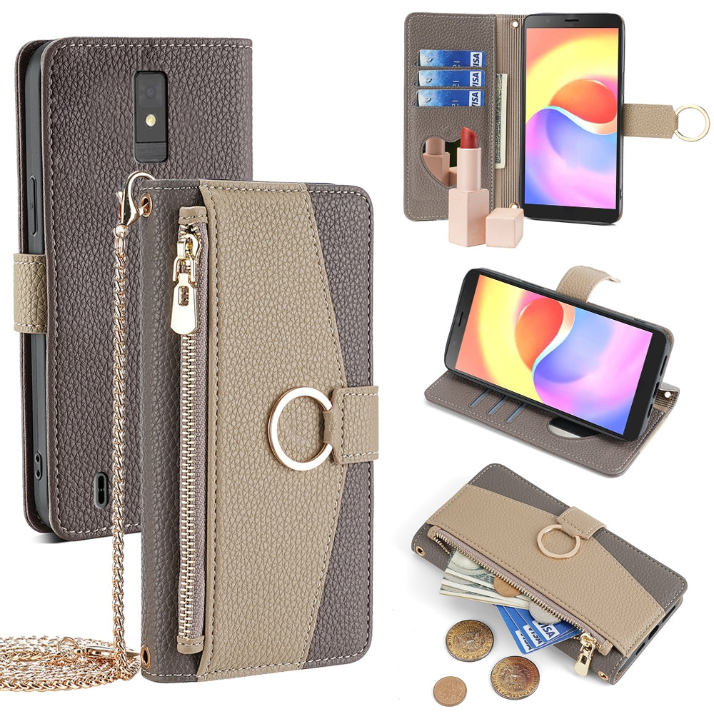 For ZTE Blade A32 Crossbody Phone Case with Litchi Texture Leather, Adjustable Kickstand, Card Slots, Zipper Purse, Makeup Mirror, and TPU Protection
