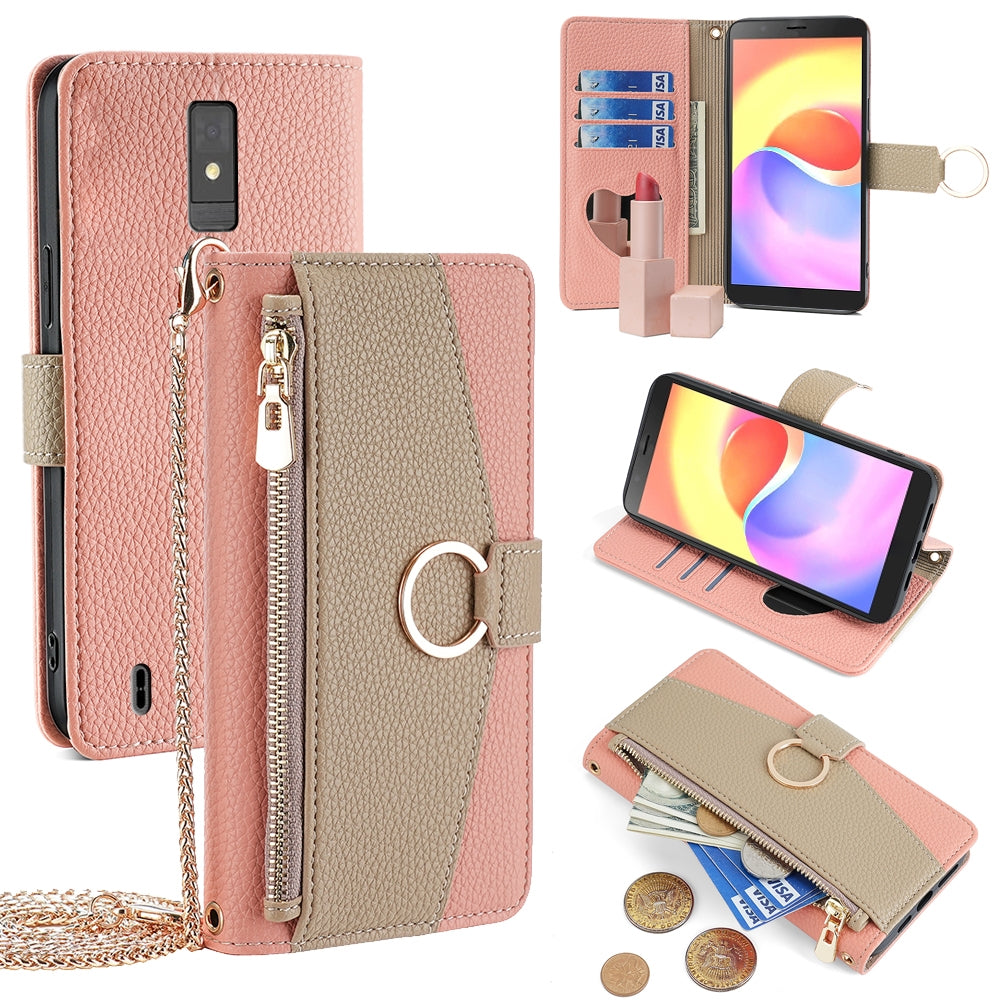 For ZTE Blade A32 Crossbody Phone Case with Litchi Texture Leather, Adjustable Kickstand, Card Slots, Zipper Purse, Makeup Mirror, and TPU Protection