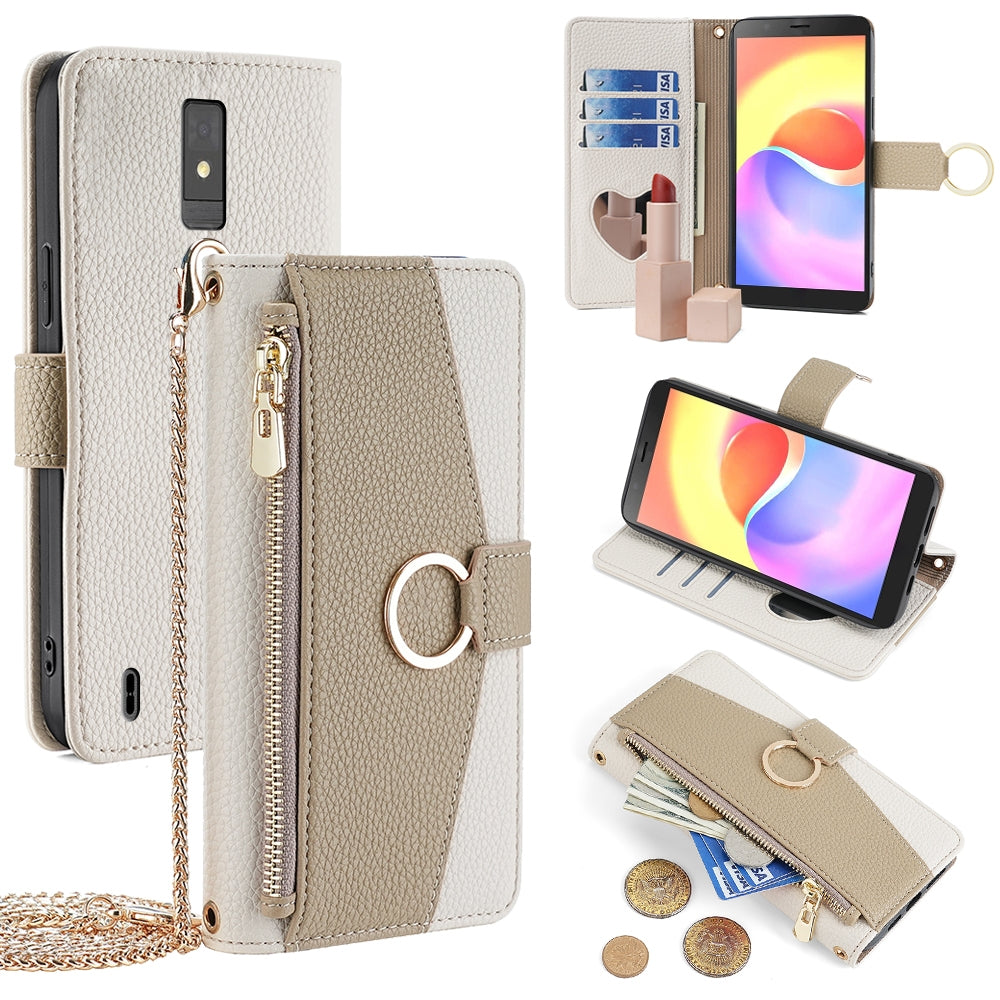 For ZTE Blade A32 Crossbody Phone Case with Litchi Texture Leather, Adjustable Kickstand, Card Slots, Zipper Purse, Makeup Mirror, and TPU Protection