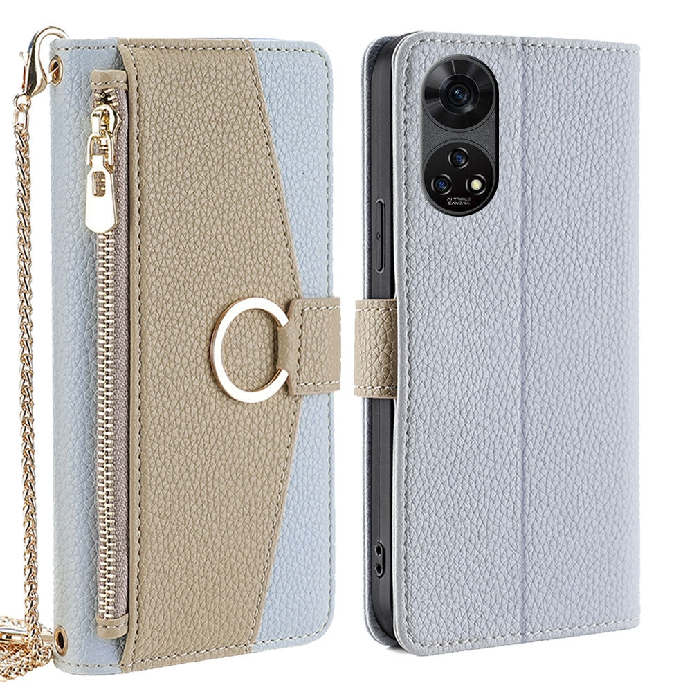 For ZTE Anshin Family Crossbody Phone Case with Litchi Texture Leather, Adjustable Kickstand, Card Slots, Zipper Purse, Makeup Mirror, and TPU Protection