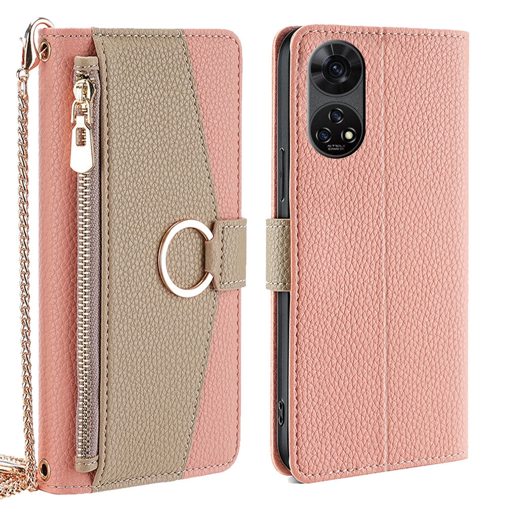 For ZTE Anshin Family Crossbody Phone Case with Litchi Texture Leather, Adjustable Kickstand, Card Slots, Zipper Purse, Makeup Mirror, and TPU Protection