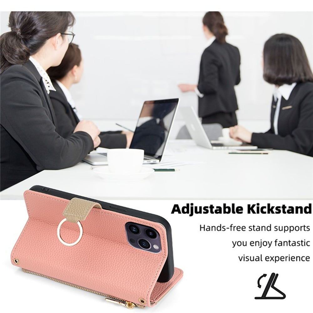 For ZTE Anshin Family Crossbody Phone Case with Litchi Texture Leather, Adjustable Kickstand, Card Slots, Zipper Purse, Makeup Mirror, and TPU Protection