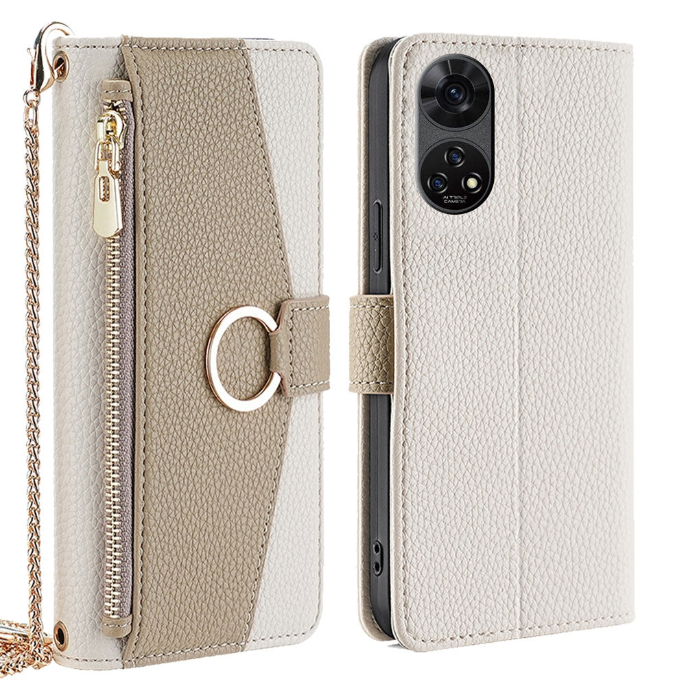 For ZTE Anshin Family Crossbody Phone Case with Litchi Texture Leather, Adjustable Kickstand, Card Slots, Zipper Purse, Makeup Mirror, and TPU Protection
