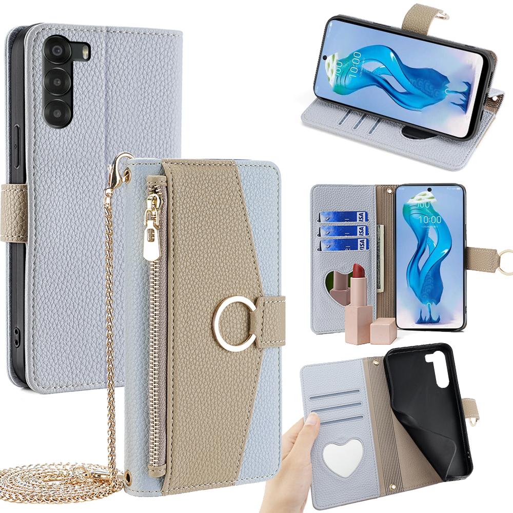 ZTE nubia S 5G A403ZT Crossbody Phone Case with Litchi Texture Leather, Adjustable Kickstand, Card Slots, Zipper Purse, Makeup Mirror, and TPU Protection