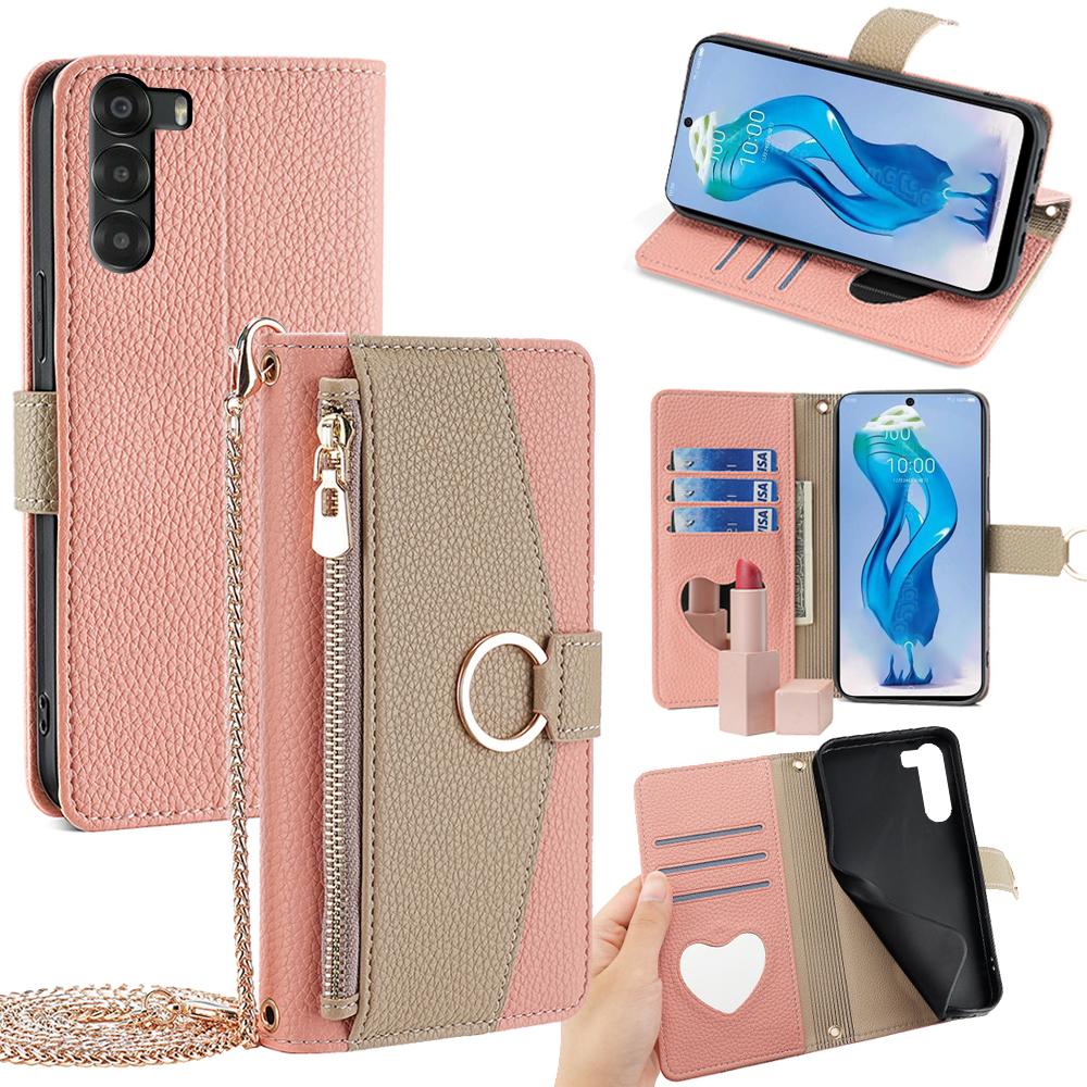 ZTE nubia S 5G A403ZT Crossbody Phone Case with Litchi Texture Leather, Adjustable Kickstand, Card Slots, Zipper Purse, Makeup Mirror, and TPU Protection