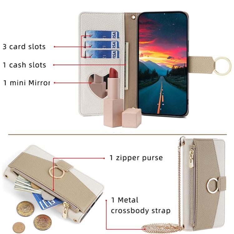 ZTE nubia S 5G A403ZT Crossbody Phone Case with Litchi Texture Leather, Adjustable Kickstand, Card Slots, Zipper Purse, Makeup Mirror, and TPU Protection