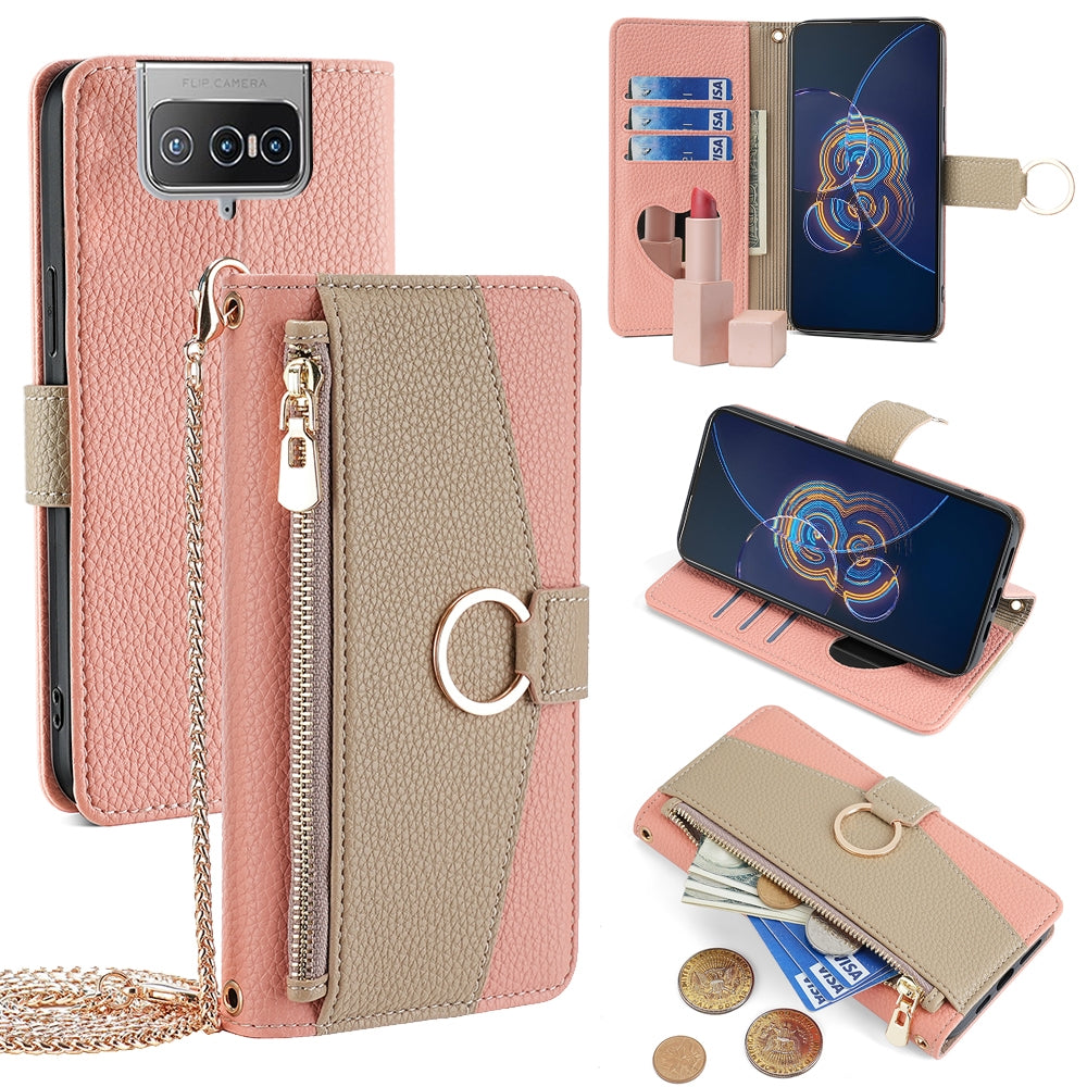 Asus Zenfone 8 Flip ZS672KS Crossbody Phone Case with Litchi Texture Leather, Adjustable Kickstand, Card Slots, Zipper Purse, Makeup Mirror, and TPU Protection