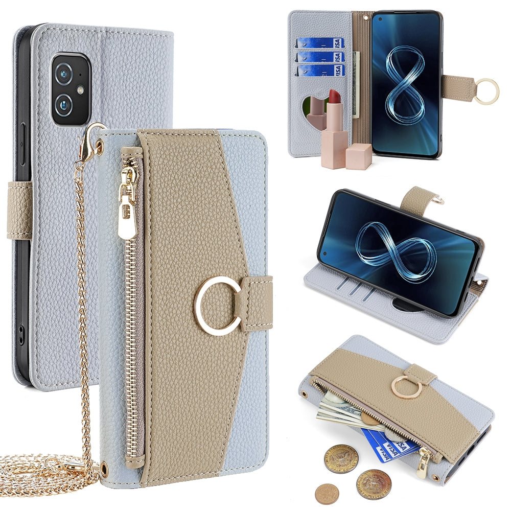 Asus Zenfone 8 ZS590KS Crossbody Phone Case with Litchi Texture Leather, Adjustable Kickstand, Card Slots, Zipper Purse, Makeup Mirror, and TPU Protection