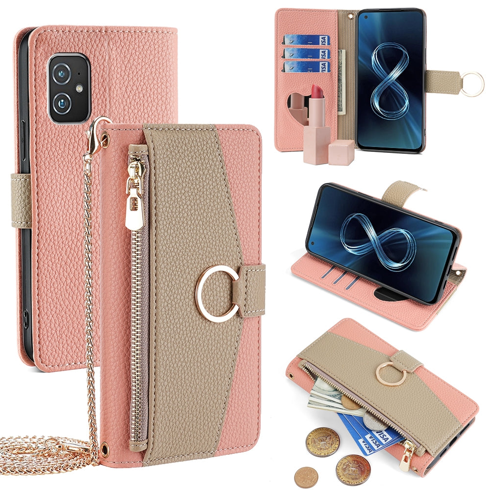 Asus Zenfone 8 ZS590KS Crossbody Phone Case with Litchi Texture Leather, Adjustable Kickstand, Card Slots, Zipper Purse, Makeup Mirror, and TPU Protection