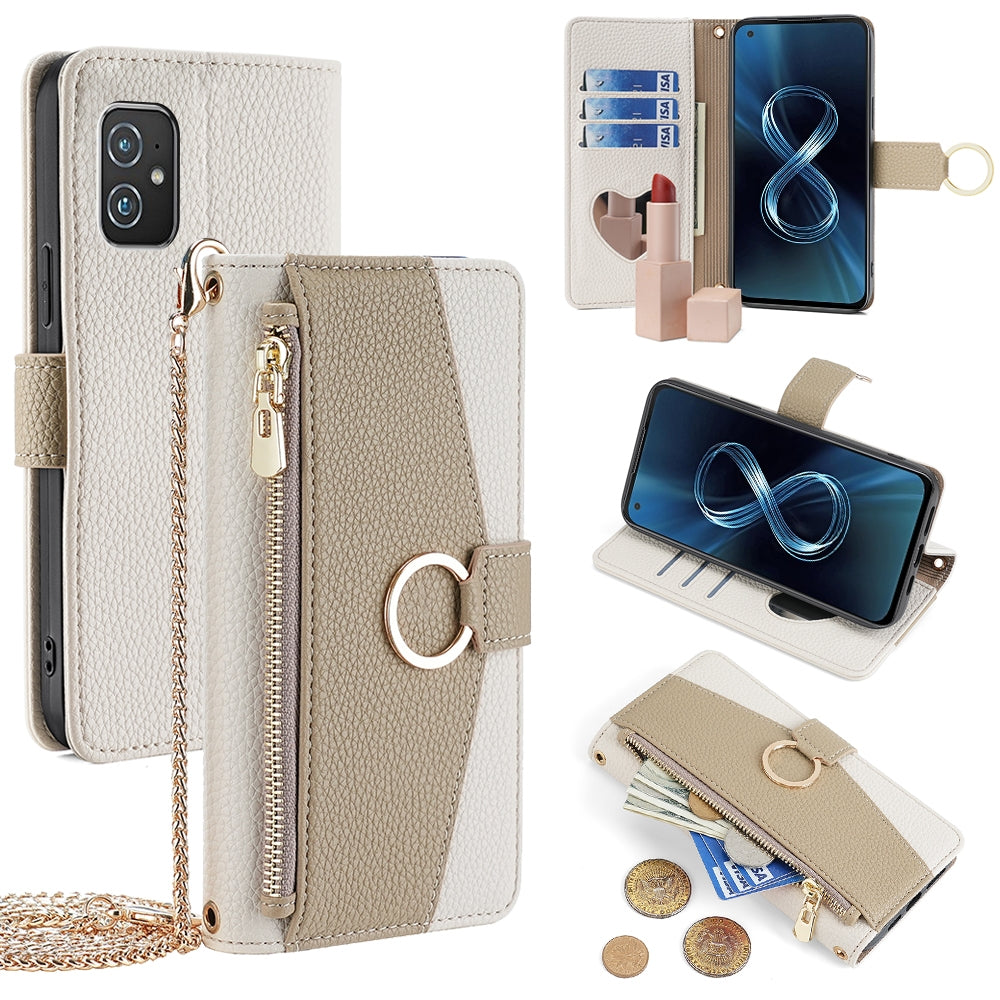Asus Zenfone 8 ZS590KS Crossbody Phone Case with Litchi Texture Leather, Adjustable Kickstand, Card Slots, Zipper Purse, Makeup Mirror, and TPU Protection